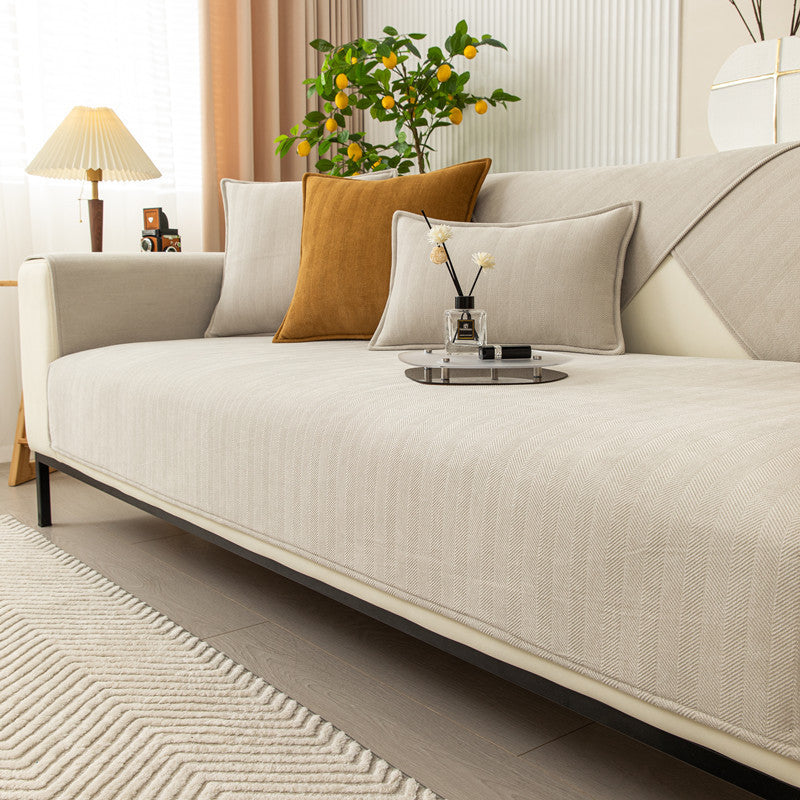 Universal Sofa Cushion for All Seasons, Simple Solid Color Fabric Sofa Cushion Cover, Chenille Herringbone Pattern Anti-slip Sofa Towel