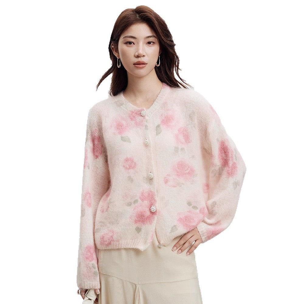 Rose Print Mohair Sweater Women's Long-Sleeved Knit Cardigan 2026 Spring New Style Soft and Loose Wool Coat