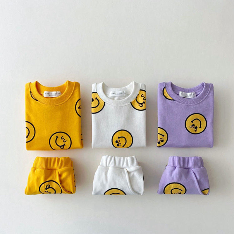 Korean version of ins children's clothing boys and girls baby short-sleeved tops and shorts two-piece children's smiley casual cotton suit
