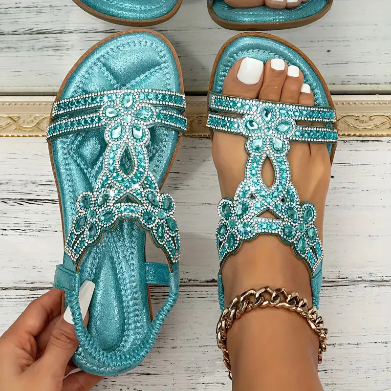 Bohemian 2026 New Cross-border Casual Rhinestone Flower Women's Comfortable Flat Sandals