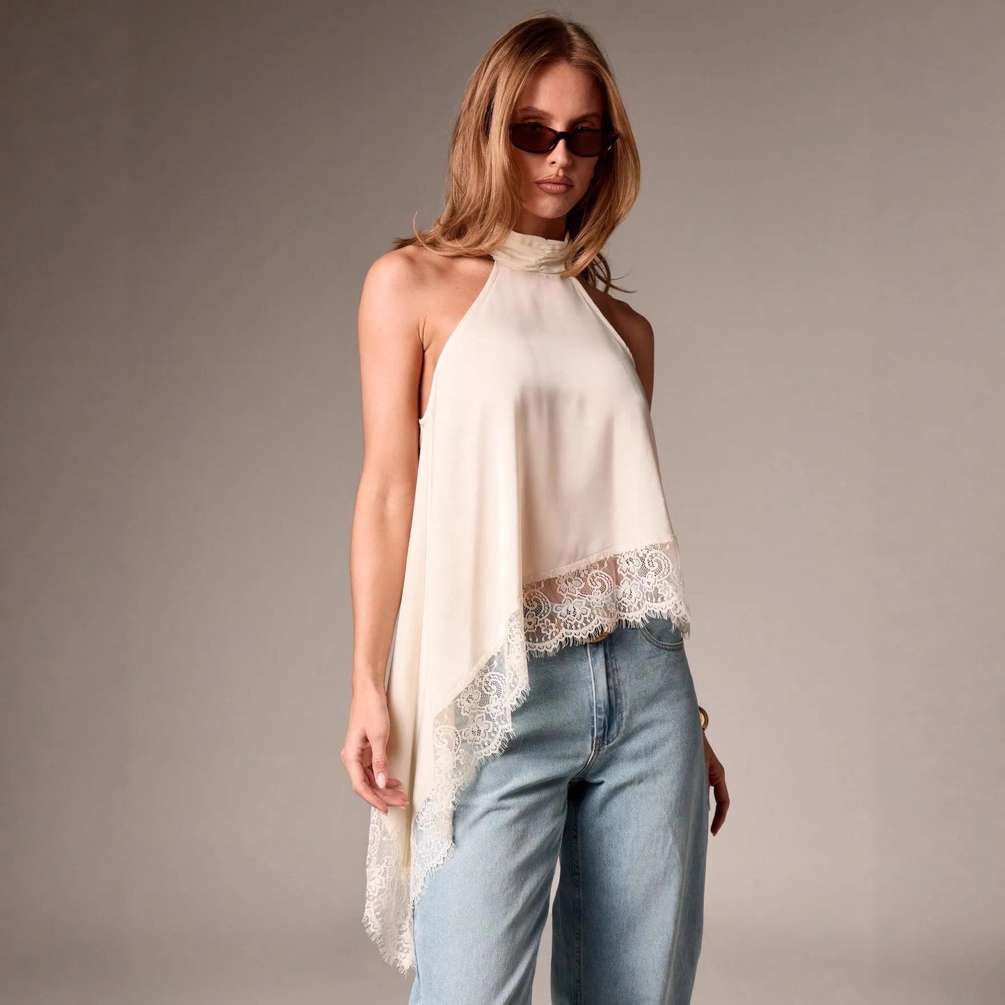New Cross-Border Women's Sleeveless Lace Trim Asymmetrical Halter Neck Satin Vest in 15 Colors