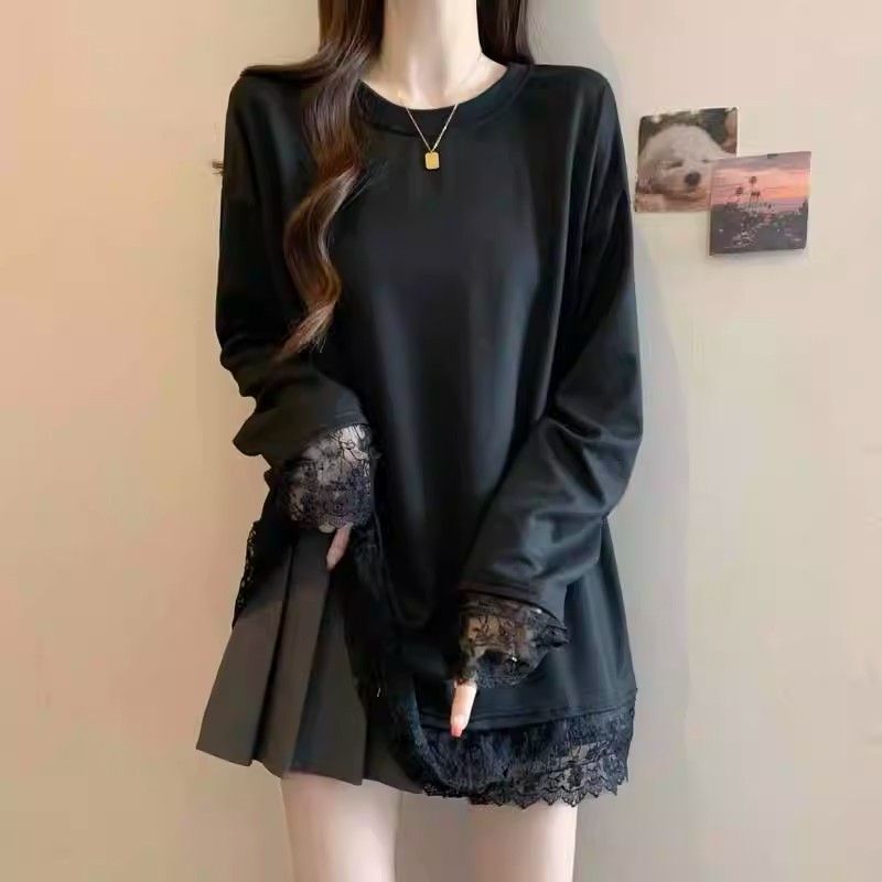 Plus-size, Relaxed Style Lace Trim Long-sleeved T-shirt for Women, New Spring Style, Loose Fit, Slimming and Flattering