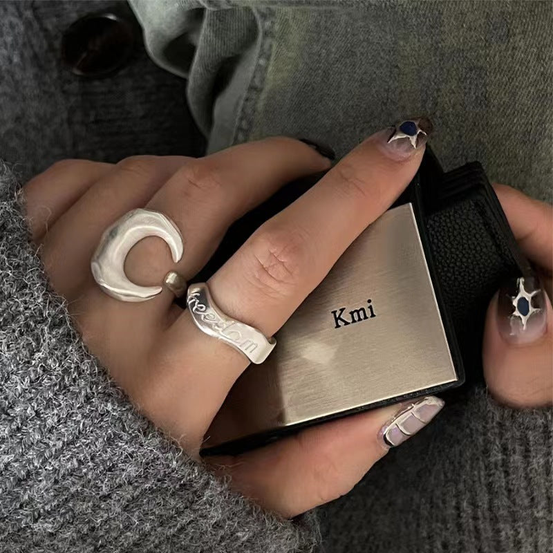 Fashion personality open ring female frosted texture moon letter ins ring all-match high-end index finger ring trend