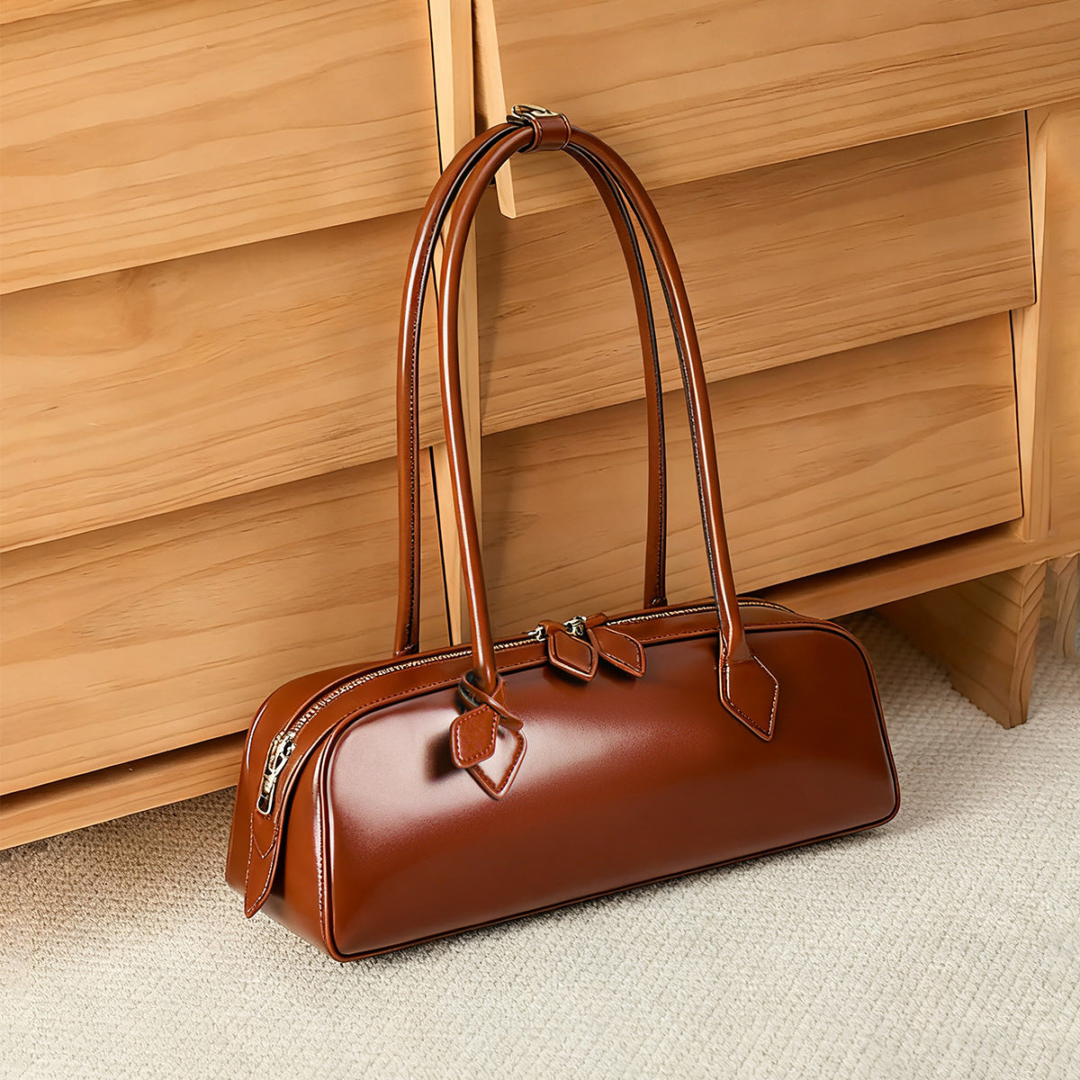 2026 New Korean Style Niche Design Shoulder Bag, Large Capacity Genuine Leather Underarm Bag, Long Red Baguette Bag