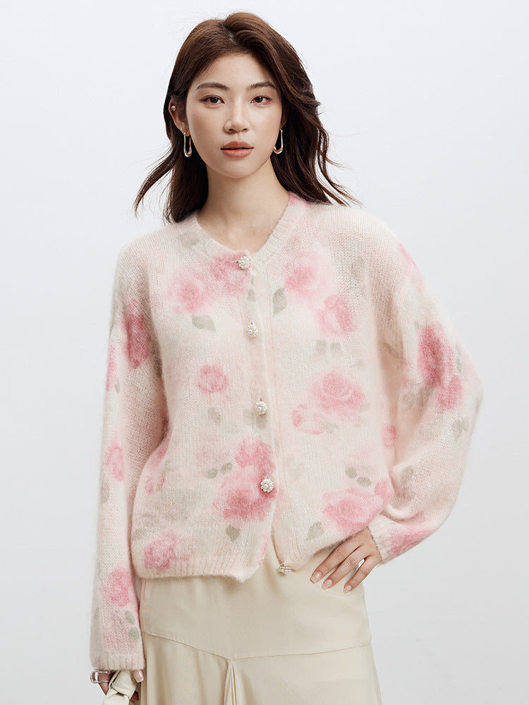 Rose Print Mohair Sweater Women's Long-Sleeved Knit Cardigan 2026 Spring New Style Soft and Loose Wool Coat
