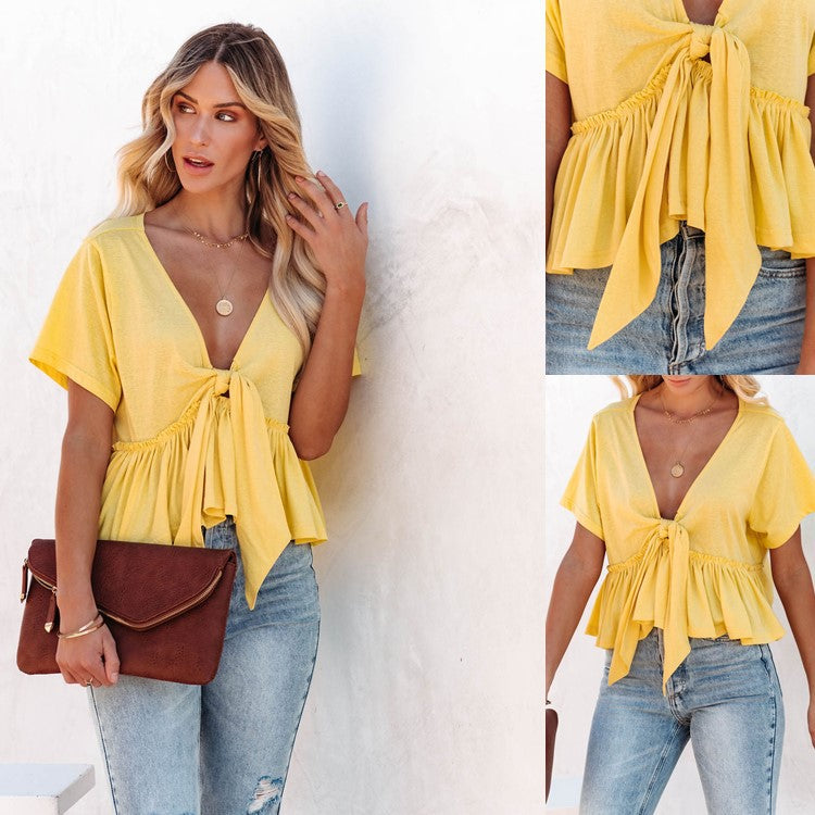 2026 Summer New Arrival European and American Cross-border Women's Clothing Solid Color Patchwork Loose Short-sleeved Tie-up Ruffle Top