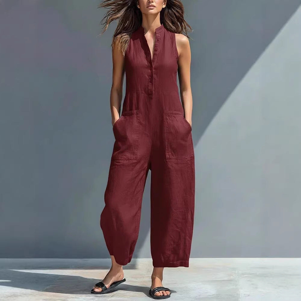 2026 Casual Women's Sleeveless Stand Collar Pocket Jumpsuit