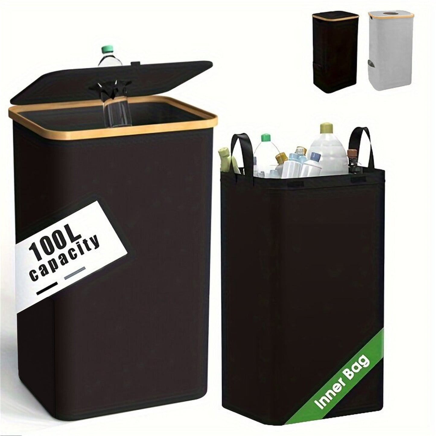 Bamboo Storage Basket with Lid Removable Recycling Bottle Storage Basket Trash Can Kitchen Home Folding Recycling Bin