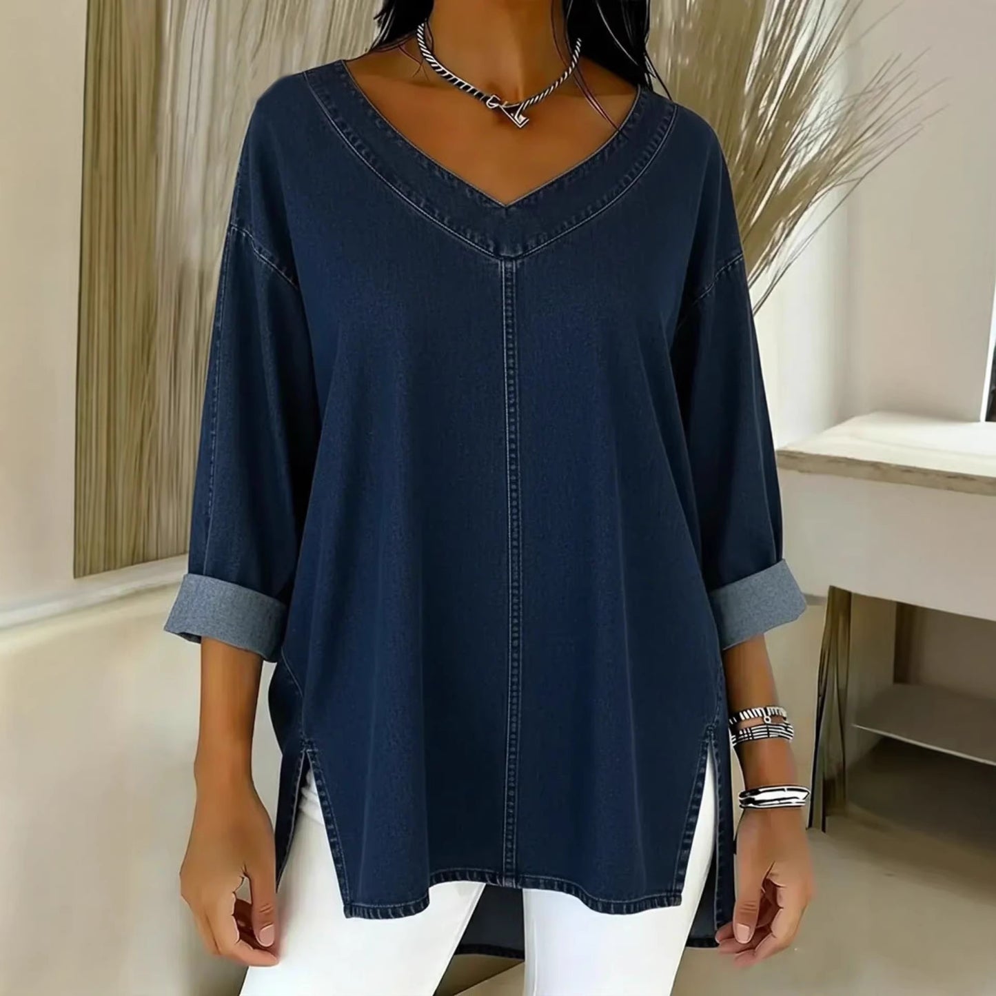 2026 Spring New Arrival European and American Cross-Border Women's Street Fashion Denim V-Neck Top