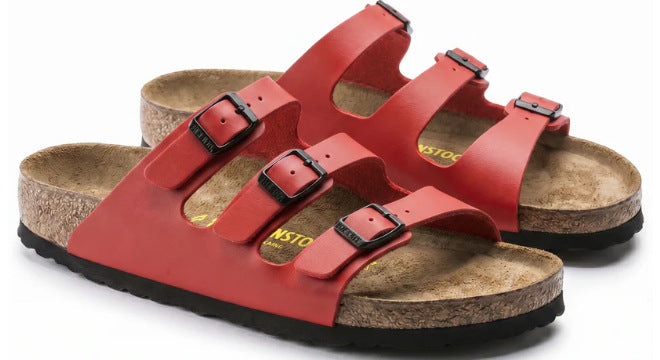 2026 New Genuine Leather Retro Style Birkenstock Shoes Women's Open-Toe Slingback Sandals with Three Rows of Square Buckles and Thick Sole Casual Sandals