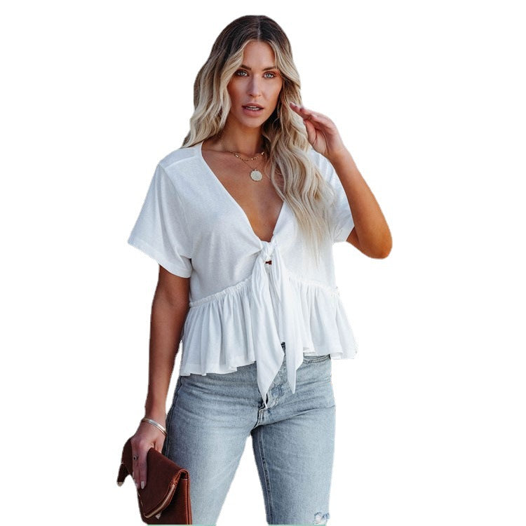 2026 Summer New Arrival European and American Cross-border Women's Clothing Solid Color Patchwork Loose Short-sleeved Tie-up Ruffle Top