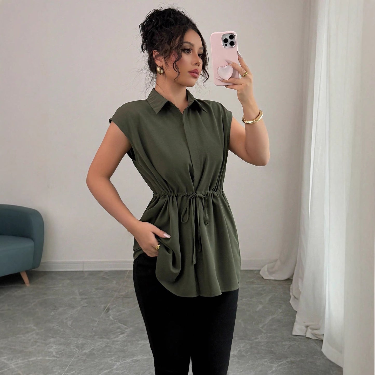 2026 Cross-border E-commerce, European and American Amazon Fashion Loose Waist Belt Single-breasted Solid Color Polo Collar Women's Short-sleeved Top