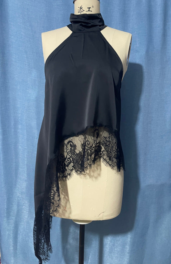 New Cross-Border Women's Sleeveless Lace Trim Asymmetrical Halter Neck Satin Vest in 15 Colors