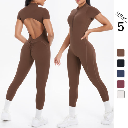 New Cross-border European and American Style Tight-fitting Backless Hollowed-out Short-sleeved Long Pants Bodysuit for Sports Running Fitness Yoga