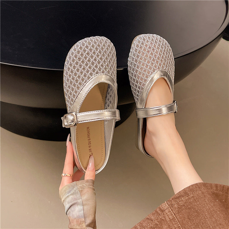 Korean version of mesh hollow single shoes for women summer new style fairy style temperament shallow mouth flat sandals fishing net shoes
