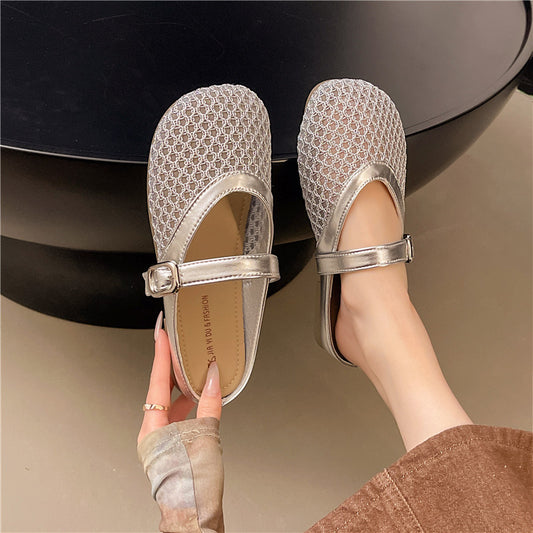 Korean version of mesh hollow single shoes for women summer new style fairy style temperament shallow mouth flat sandals fishing net shoes