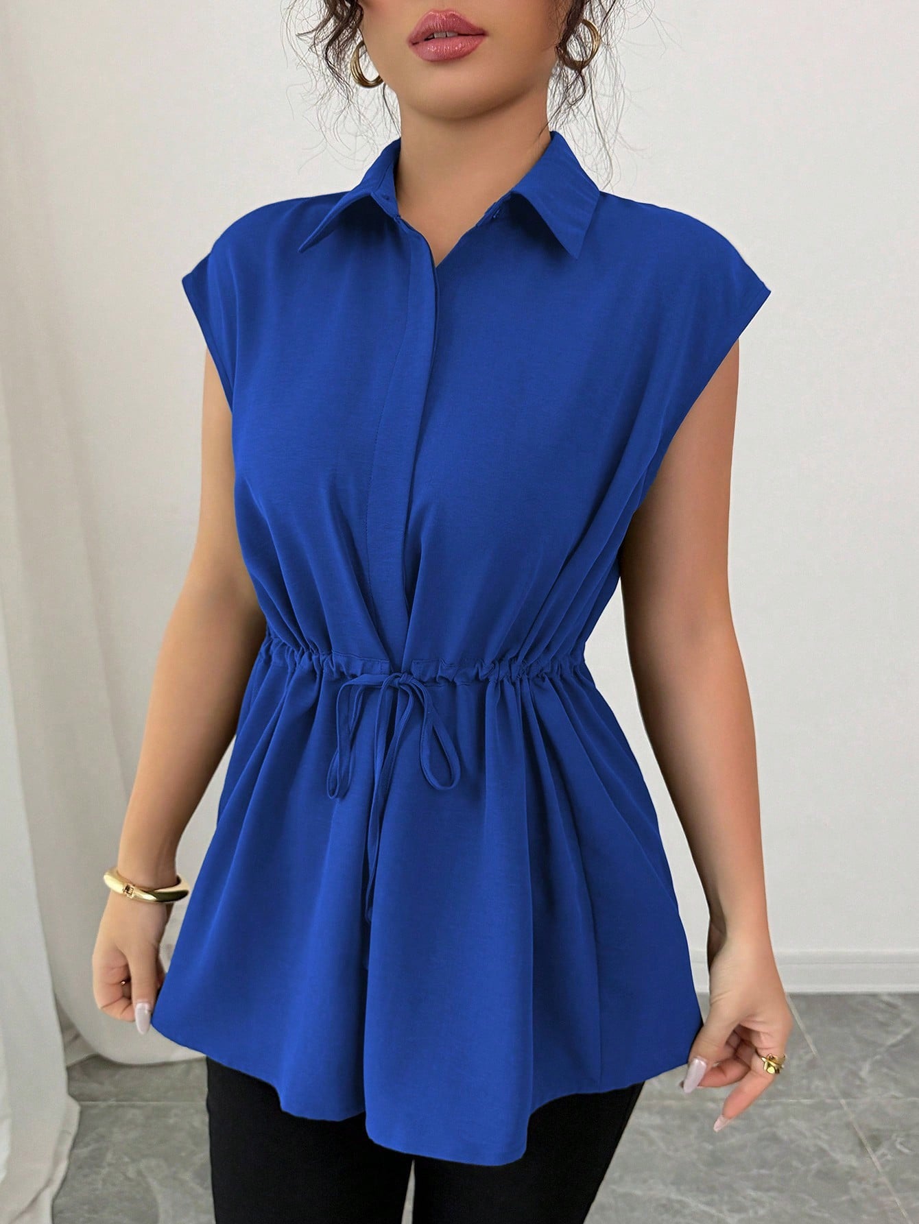 2026 Cross-border E-commerce, European and American Amazon Fashion Loose Waist Belt Single-breasted Solid Color Polo Collar Women's Short-sleeved Top