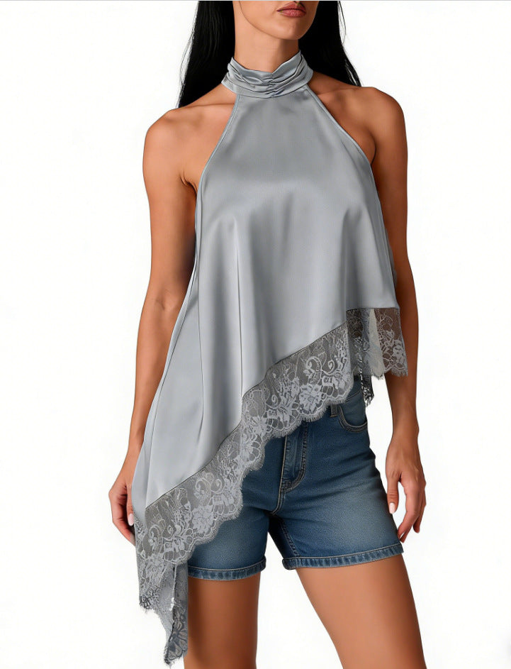 New Cross-Border Women's Sleeveless Lace Trim Asymmetrical Halter Neck Satin Vest in 15 Colors