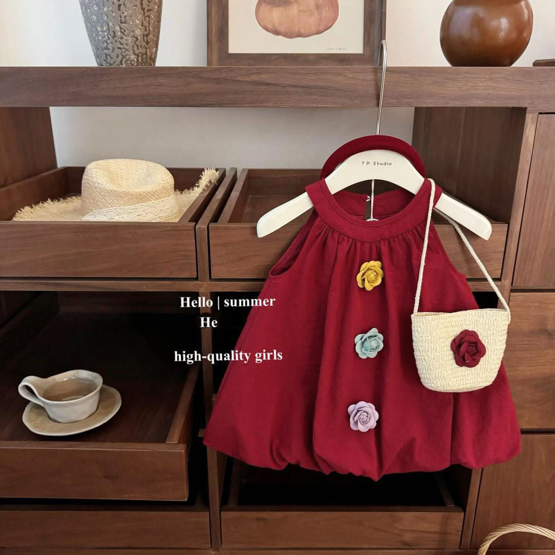 2026 Summer New Arrival Red Camellia Baby Girl Vacation Style, Elegant and Sophisticated, Floral Tulip Vest Dress, Princess Dress