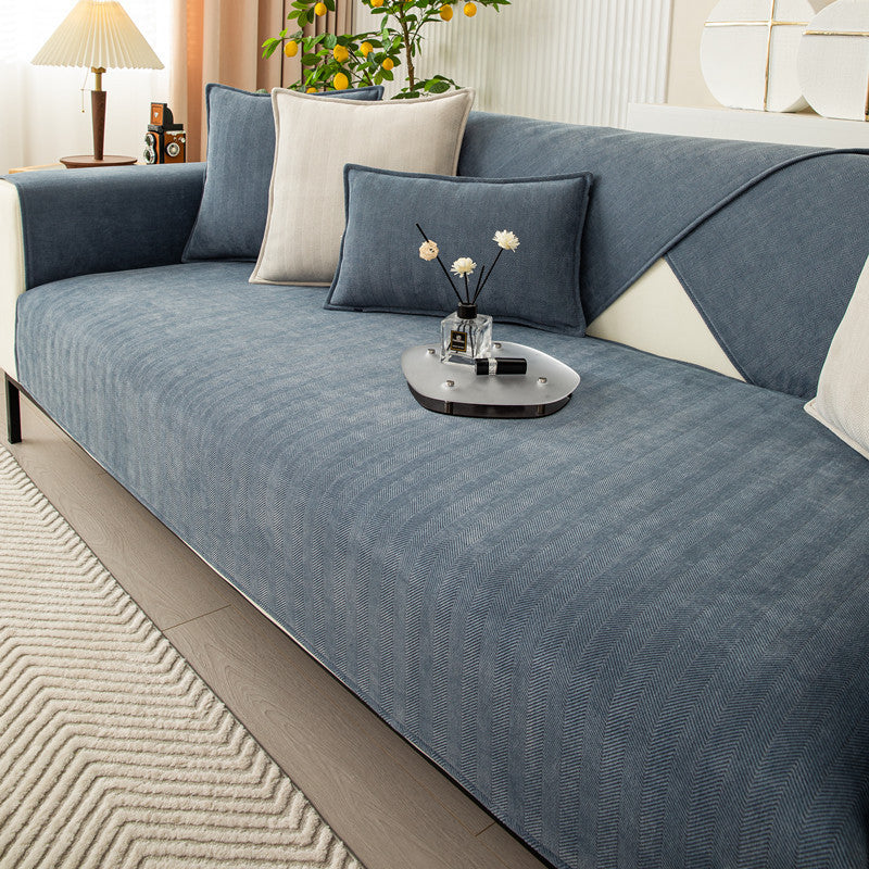 Universal Sofa Cushion for All Seasons, Simple Solid Color Fabric Sofa Cushion Cover, Chenille Herringbone Pattern Anti-slip Sofa Towel