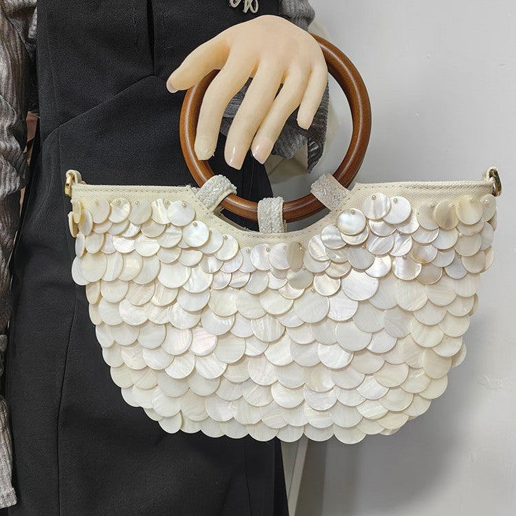 2025 Spring and Summer New Fairy Pure Handmade Shell Bag, Wooden Handle Handbag Hot Sale Chain Shoulder Messenger Bag