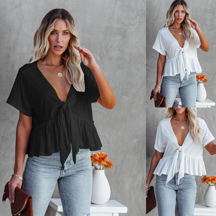 2026 Summer New Arrival European and American Cross-border Women's Clothing Solid Color Patchwork Loose Short-sleeved Tie-up Ruffle Top