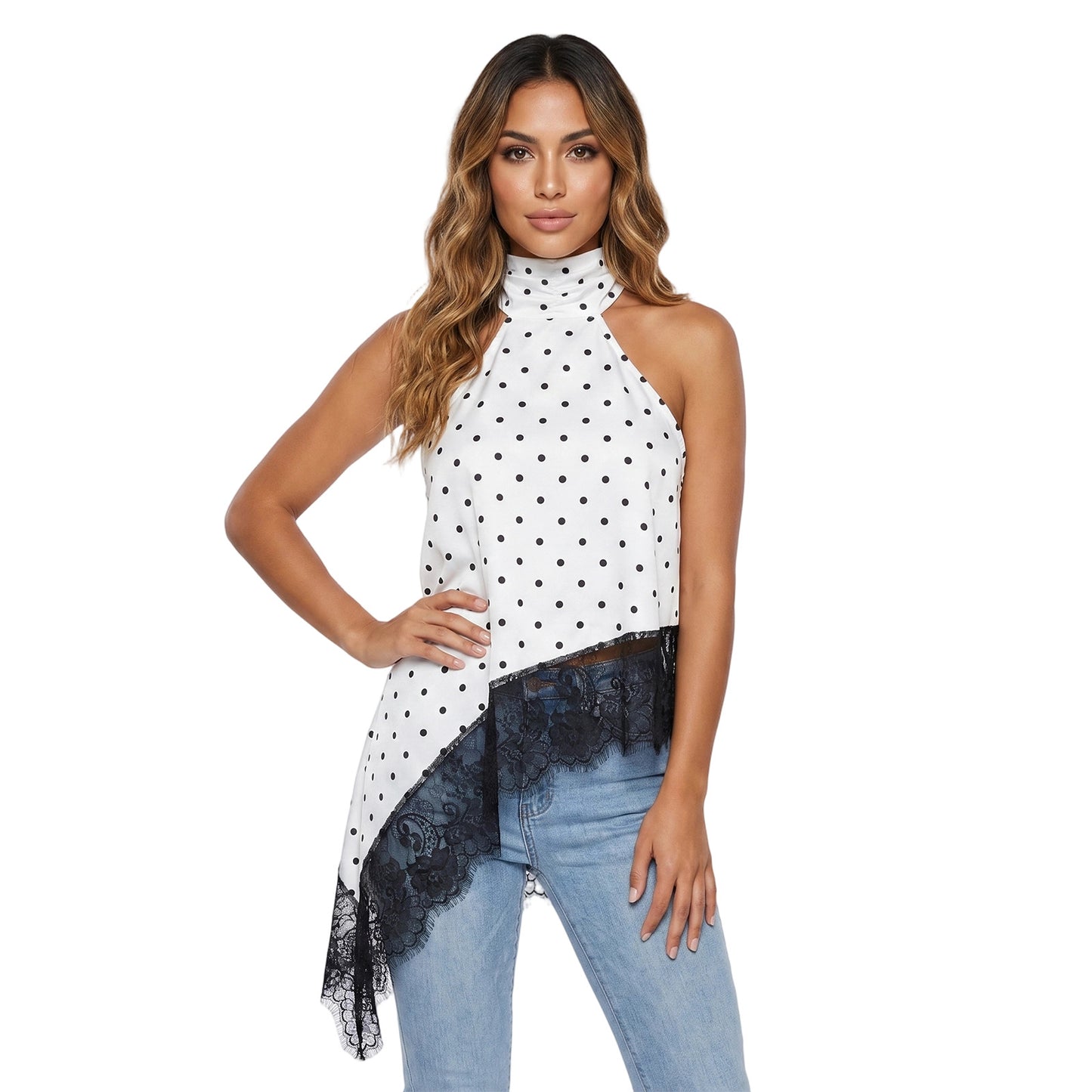 New Cross-Border Women's Sleeveless Lace Trim Asymmetrical Halter Neck Satin Vest in 15 Colors
