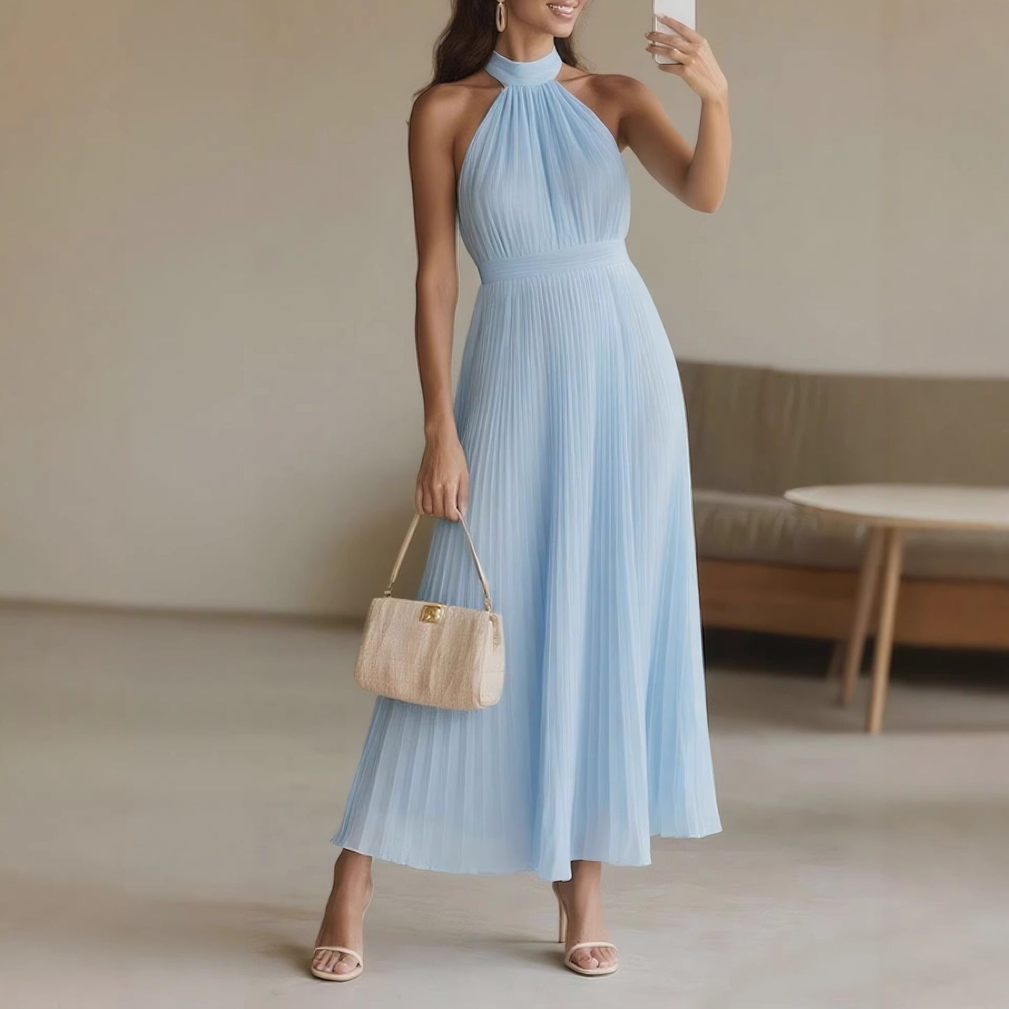 2026 Spring/Summer New Arrival Foreign Trade Beach Vacation Dress Sexy European and American Style Pleated Dress