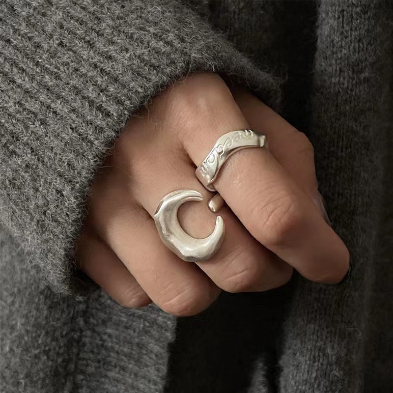 Fashion personality open ring female frosted texture moon letter ins ring all-match high-end index finger ring trend