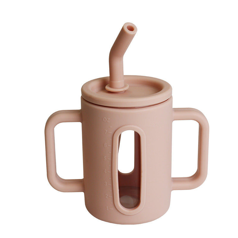 Cross-border Children's Drop-proof Double-layer Silicone Glass Children's Sippy Cup, Baby Food Supplement Water Cup, Silicone Straw Snack Cup
