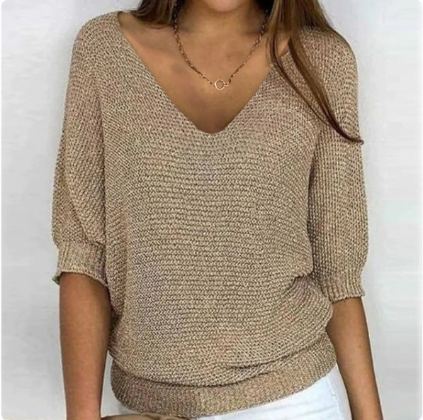 2026 New Russian Solid Color Crew Neck Knitted Top Women's Three-Quarter Sleeve Top Air Conditioning Shirt In Stock