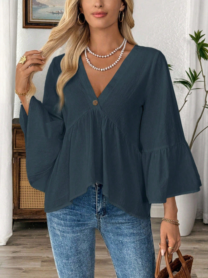 2026 European and American cross-border women's clothing, spring/summer new style, solid color V-neck ruffle sleeve cotton top for women.