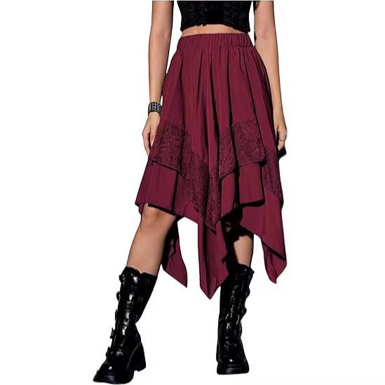 2026 European and American style large skirt Halloween literary retro patchwork lace midi skirt irregular women's skirt
