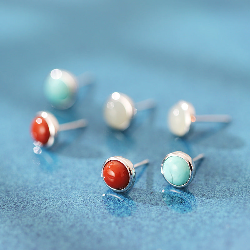S925 sterling silver gold-plated inlaid south red agate earrings round simple egg surface simple fashion temperament ladies earrings