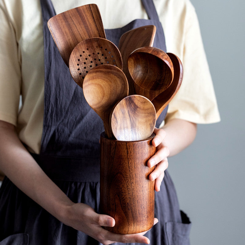 Teak Cooking Set, Acacia Wood Kitchenware, Long Handle Spatula, Vegetable Spatula, Solid Wood Spatula, Spoon Fork, Non-stick Pan, Kitchen 10 Piece Set