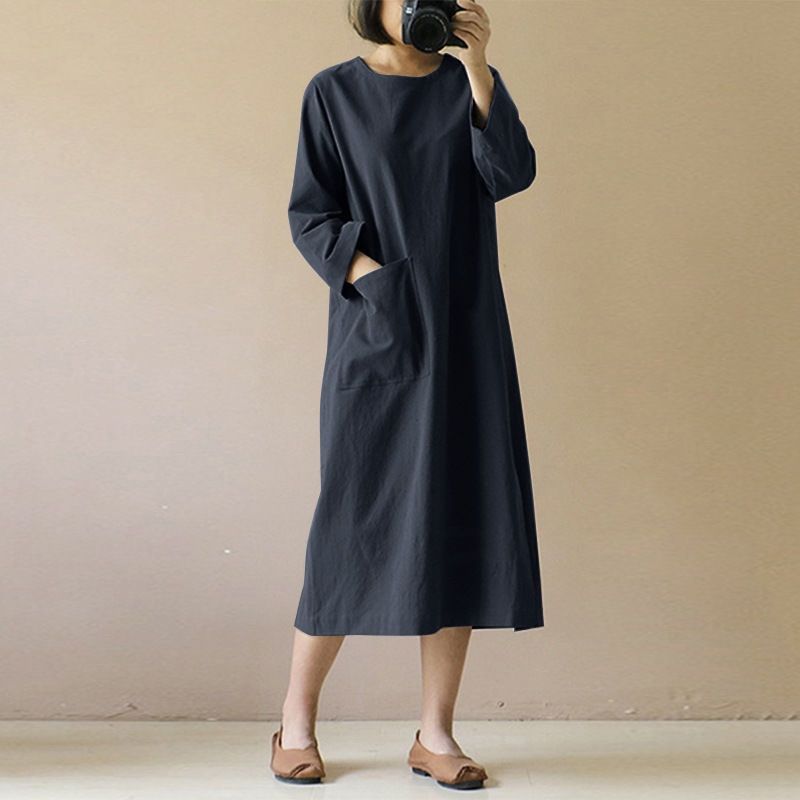 Retro Cotton Linen Long-sleeved Solid Color Plus Size Dress, New Spring and Autumn Style with Pocket Design