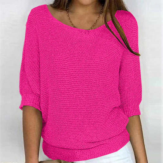 2026 New Russian Solid Color Crew Neck Knitted Top Women's Three-Quarter Sleeve Top Air Conditioning Shirt In Stock