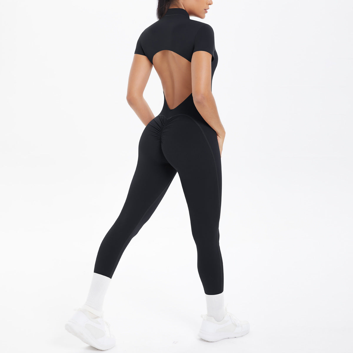 New Cross-border European and American Style Tight-fitting Backless Hollowed-out Short-sleeved Long Pants Bodysuit for Sports Running Fitness Yoga