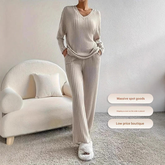 2025 Autumn Cross-Border New Style Home Fashion Casual Straight Leg Pants Elegant Loose V-Neck Ribbed Two-Piece Set