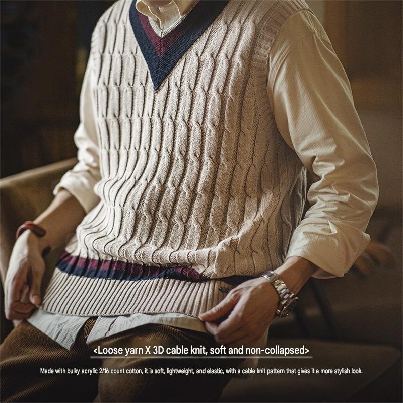 Madden Workwear American Retro IVY Knitted V-neck Sweater Vest, Preppy Style, Color-blocked Cable Knit Sleeveless Vest for Men, Spring