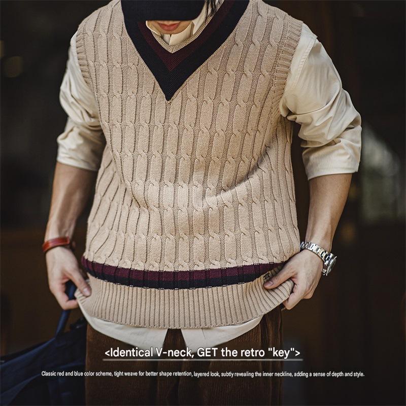 Madden Workwear American Retro IVY Knitted V-neck Sweater Vest, Preppy Style, Color-blocked Cable Knit Sleeveless Vest for Men, Spring