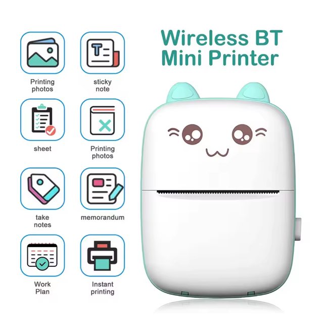 Wireless BT Inkless Mini Printer with cartoon face and icons on a white background