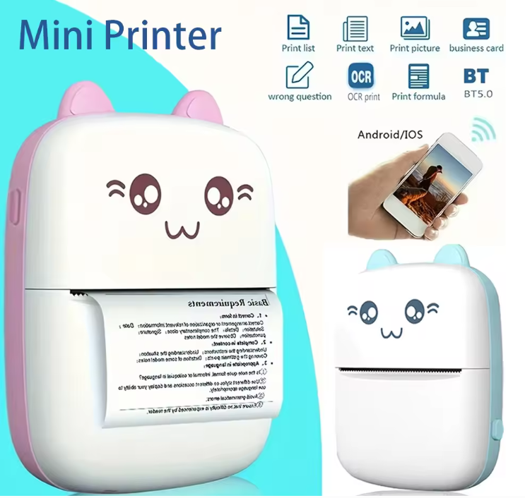 Inkless Mini Printer with cartoon design on a blue background