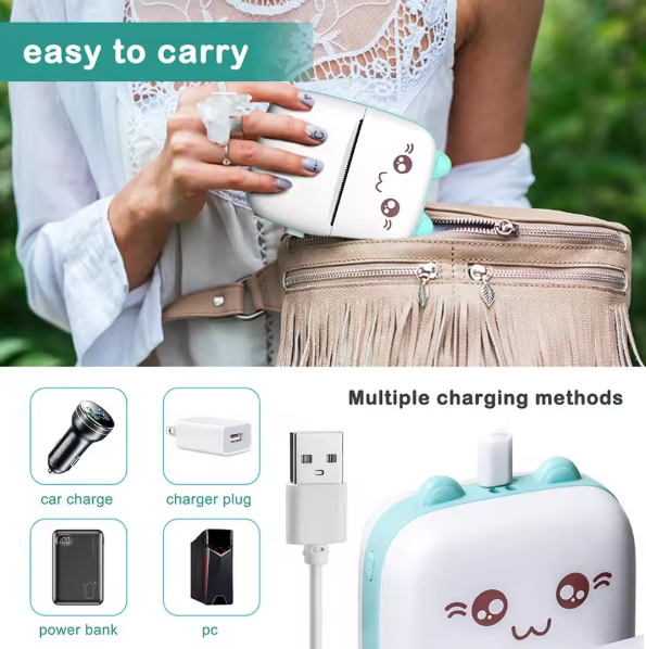 Person holding an Inkless Mini Printer with a handbag, featuring text 'easy to carry' and images of charging methods.