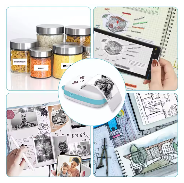 Collage of a Inkless Mini Printer, printed photos, and digital devices on a white background