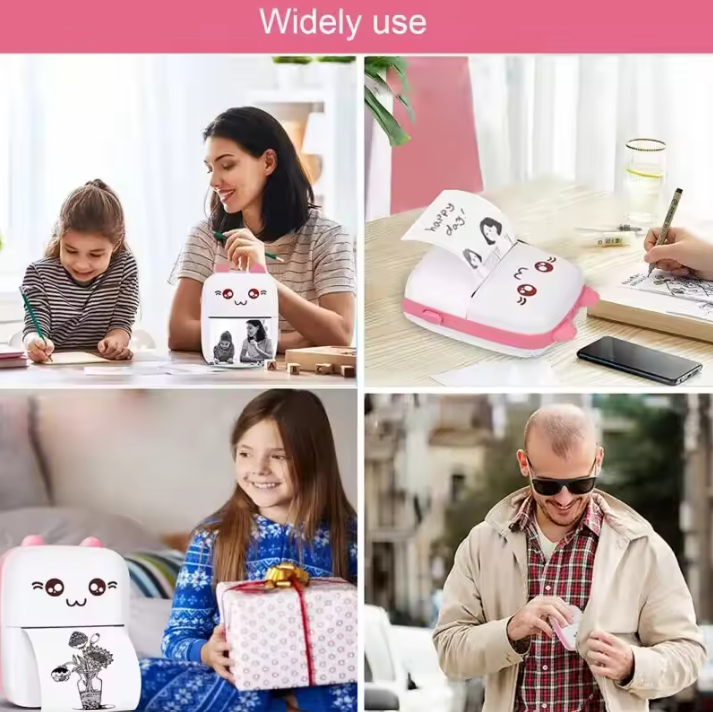 Collage of an Inkless Mini Printer being used by different people in various settings.