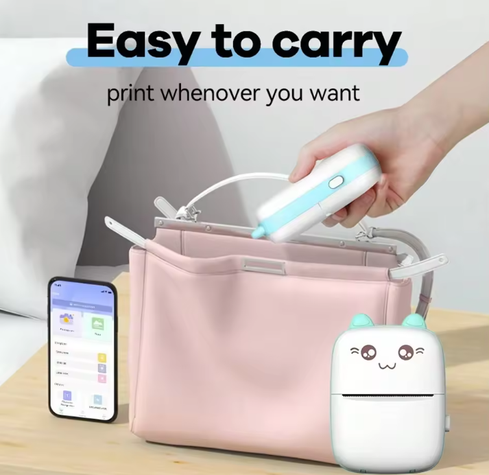 Inkless Mini Printer with cute design held by a hand, next to a smartphone and pink carrying case.