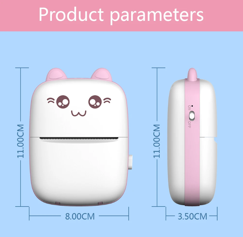Cute cartoon-style Inkless Mini Printer with dimensions on a blue background