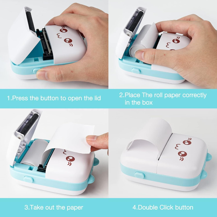 Instructions on how to use an Inkless Mini Printer with a roll of paper, showing pressing a button, placing the paper, taking out the paper, and double-clicking a button.