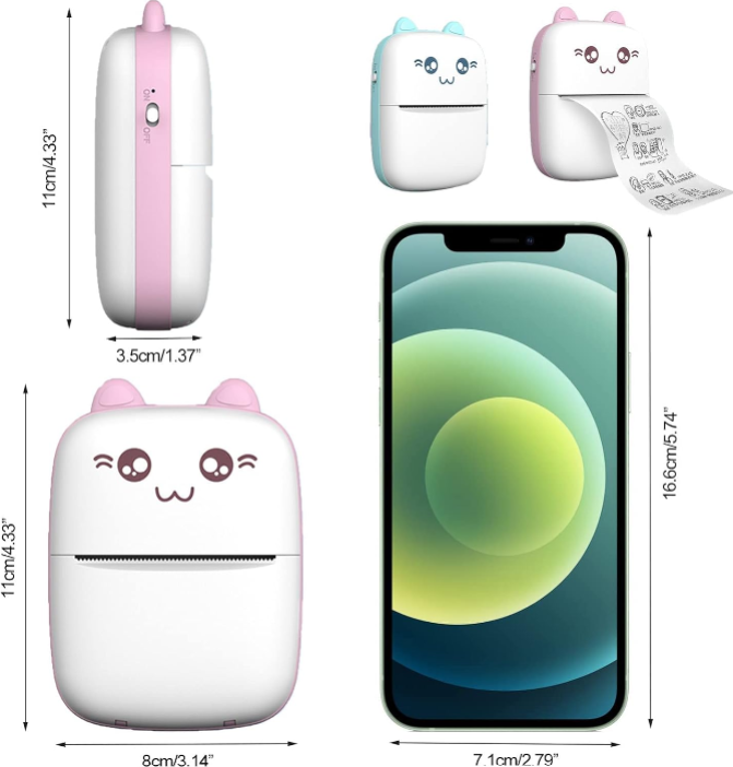 Small printer with cartoon design, smartphone, and printed paper on a white background
